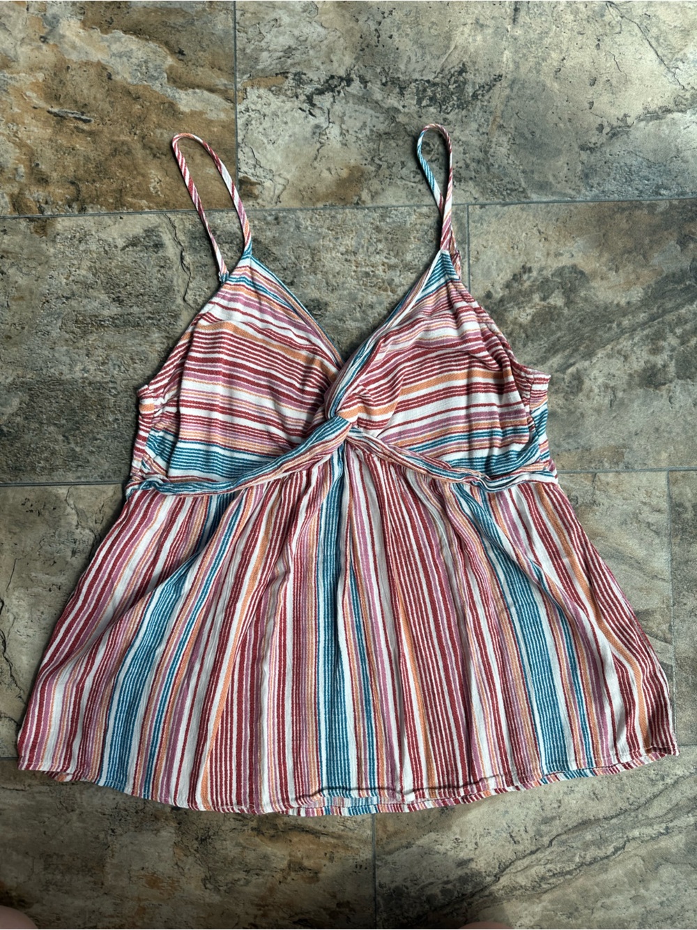 Maurices Multi-Stripe V-Neck Smocked Tank Top - Blue, Red, Cream